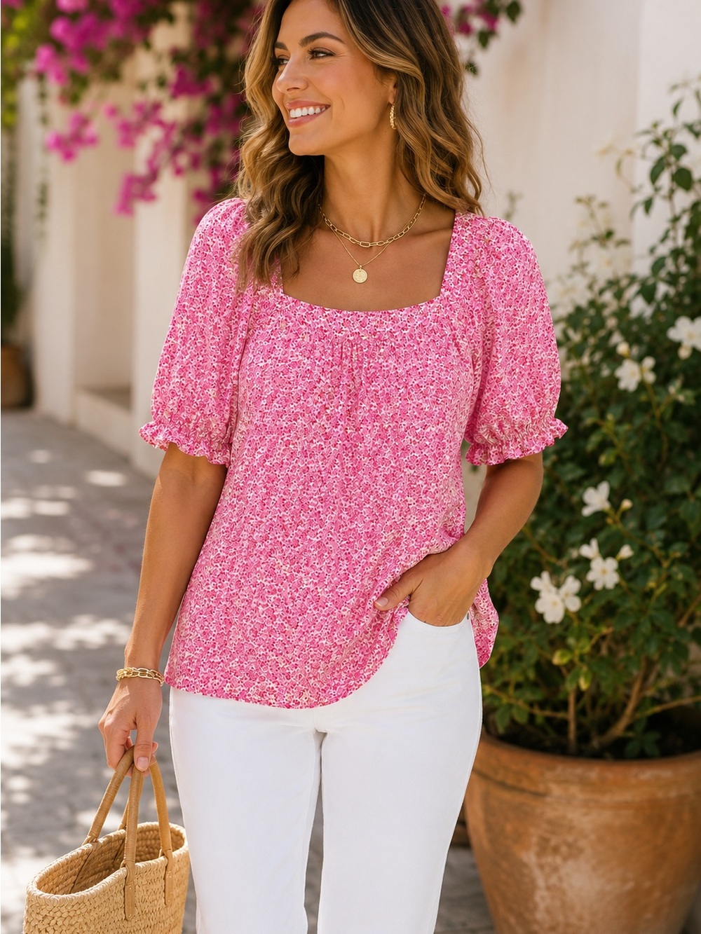 LOFT Pink Floral Puff Sleeve Blouse | Square Neck Feminine Cottagecore Top